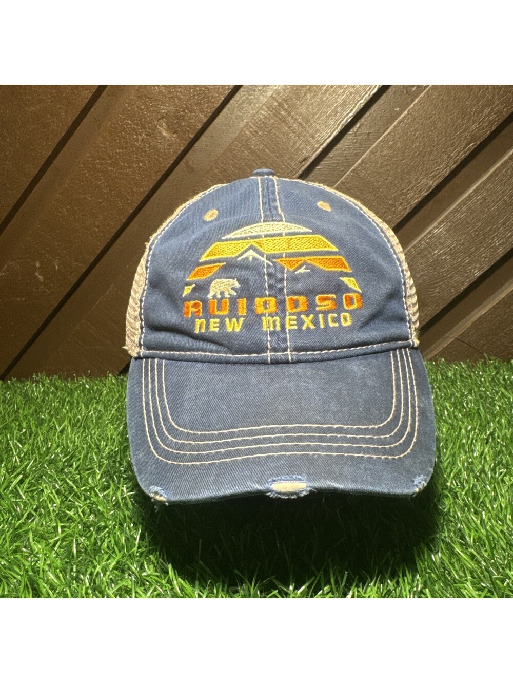 Ruidoso New Mexico Trucker Hat Snapback Mesh Distressed Blue Retro Sunset